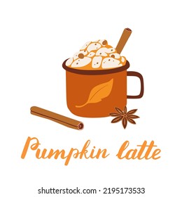 Pumpkin spice latte in cozy mug flat vector illustration. Autumn coffee witn cinnamon. Cold days hot sweet drink. Cappuccino on white background