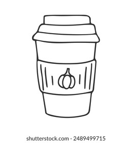 Pumpkin Spice latte cup in Doodle style. Sketch hand Drawn Outline hot coffee drink. Cozy seasonal black and white illustration. Design element