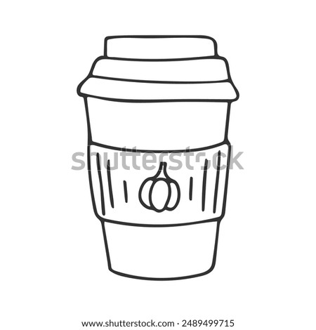 Pumpkin Spice latte cup in Doodle style. Sketch hand Drawn Outline hot coffee drink. Cozy seasonal black and white illustration. Design element