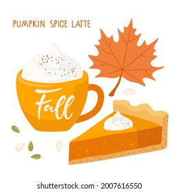 Pumpkin spice latte in cup and pumpkin pie and fallen red maple leaf. Food and drinks isolated. Autumn delicious sweet desserts. Fall season elements for Autumn greeting card