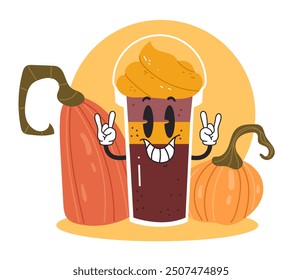 Pumpkin spice latte cup simple flat line art style character concept. Vector graphic design illustration element