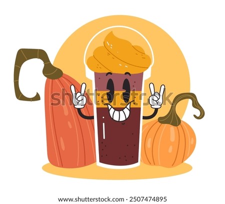 Pumpkin spice latte cup simple flat line art style character concept. Vector graphic design illustration element