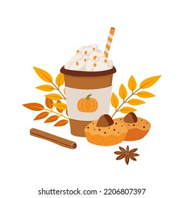 Pumpkin spice latte and cupcake cartoon vector illustration. Hand drawn autumn season dessert, drink and leaves composition. 