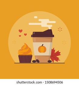 Pumpkin spice latte, cupcake and maple leaf. Flat vector illustration.