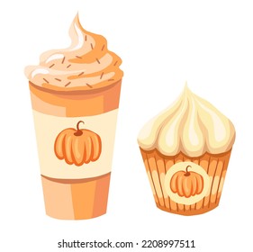 Kürbis-Gewürz-Latte und Kuchen-Vektorclip-Kunst. Handgezeichneter Satz von Herbstsüßen einzeln auf weißem Hintergrund.Geeignet für Thanksgiving- und Halloween-Grußkartendesign und Sublimation.