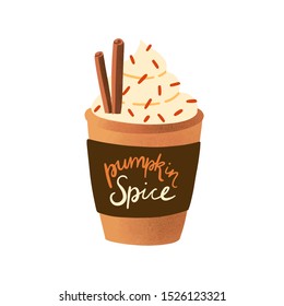 Pumpkin spice latte in disposable cup flat vector illustration. Tasty cappuccino decorated with whipped cream cap isolated on white. Fall season hot sweet beverage. Takeaway mocha drink.