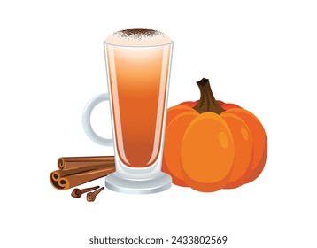 Pumpkin spice latte with froth milk vector illustration. Pumpkin latte coffee with cinnamon icon vector isolated on a white background. Coffee in a tall glass with a handle graphic design element