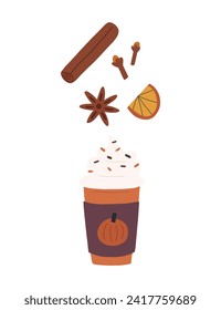 Pumpkin spice latte in to go cup with ingredients, cartoon flat vector illustration isolated on white background. Hand drawn coffee drink with whipping cream, cinnamon stick, star anise and clove.