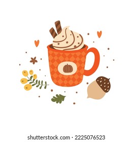 Pumpkin spice latte hand drawing isolated element. Cozy autumn hot drink decorated fall leaves, berry, acorn in cute cartoon style. Fall season greeting vector illustration.