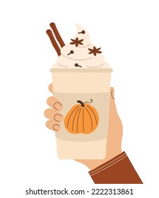 Pumpkin spice latte in hand. Hand holding coffee in paper cup. Hot delicious seasonal drink with whipped cream. Flat vector illustration isolated on white background.