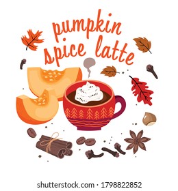 Pumpkin spice latte: hot Cup of coffee with cream, cinnamon, clove spice, star anise, coffee beans, autumn oak leaves, hazelnut, lettering. Vector illustrations on a white background isolated.