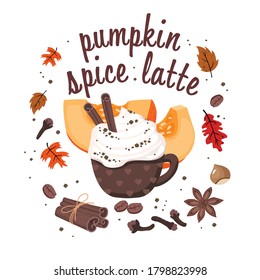 Pumpkin spice latte: hot Cup of coffee with cream, cinnamon, clove spice, pumpkin slices, star anise, coffee beans, autumn oak leaves, hazelnut, lettering. Vector illustrations on a white background.