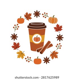 Pumpkin spice latte icon. Autumn coffee cup with cinnamon and seasonal fall leaves wreath.