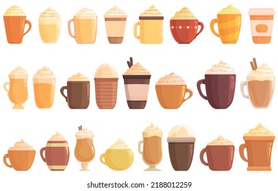 Pumpkin spice latte icons set cartoon vector. Frappe spice. Recipe autumn