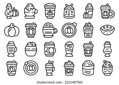 Pumpkin spice latte icons set outline vector. Frapper latte. Spice recipe