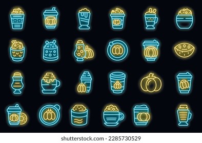 Pumpkin spice latte icons set outline vector. Frapper latte. Spice recipe neon color on black