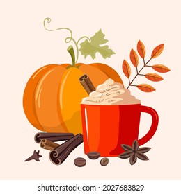 Pumpkin spice latte. A large pumpkin and a fragrant spicy drink in a mug. Delicious autumn illustration. Vector, isolated.