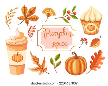 Pumpkin Spice Latte And Muffin Fall Collection. Vector Illustration Of Maple Leaf,oak Leaf,ginkgo Leaf Isolated On White Background. Suitable For Thanksgiving And Halloween Greeting Cards Design.