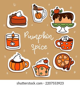 Pumpkin Spice Latte And Muffin Fall Collection. Vector Illustration Of Maple Leaf,oak Leaf On White Background. Suitable For Thanksgiving And Halloween Greeting Cards Design.