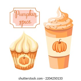 Pumpkin Spice Latte And Muffin Vector Clipart. Hand Drawn Set Of Autumn Sweets Isolated On White Background.Suitable For Thanksgiving And Halloween Greeting Card Design And Sublimation.