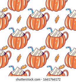 Pumpkin spice latte mug seamless pattern. Hand drawn vector illustration. Isolated on white background. Cartoon style. Design for decor, cards, print, web, poster, banner, t-shirt