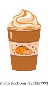 Pumpkin spice latte in paper cup, isolated on white background, design element for greeting card, menu, decoration.