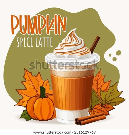 Pumpkin Spice Latte in paper cup with whipped cream and caramel isolated on white background. Autumn Coffee Drink icon.Hot drink cartoon icon in cartoon style with text autumn leaves and pumpkin.