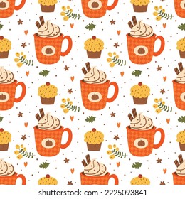 Pumpkin spice latte pattern hand drawn fall season seamless background with cup of hot drink, cupcake, berry vector illustration. Cute cartoon cozy autumn hot drink print, poster, wallpaper, textile