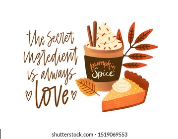 Pumpkin Spice Latte And Pie Flat Vector Illustration. Fall Season Dessert And Drink Composition With Lettering. Cappuccino In Disposable Cup And Cake Slice. Autumn Greeting Card, Postcard Design.