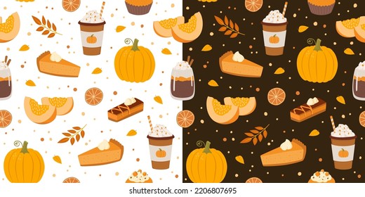 Kürbis-Gewürz-Latte und Kuchen flach nahtloses Muster. Herbstwarmes Getränk und Bäckerei, Vektorgrafik. Schleifpapier, Stoffdesign