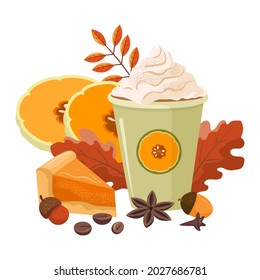 Pumpkin spice latte. A piece of pumpkin pie and a spicy latte in a paper cup. Autumn illustration. Vector, isolated.