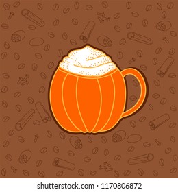 Pumpkin spice latte poster with pumpkin-cup, cream, cinnamon, nutmegs, coffee beans and cloves.