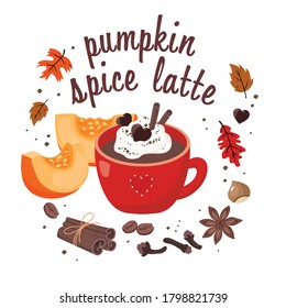 Pumpkin spice latte: red Cup of coffee with cream, cinnamon, clove spice, star anise, coffee beans, autumn oak leaves, hazelnut, lettering. Vector illustrations on a white background isolated.