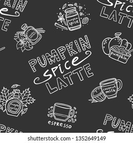 Pumpkin spice latte seamless pattern with doodle objects.