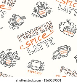 Pumpkin spice latte seamless pattern with doodle objects.