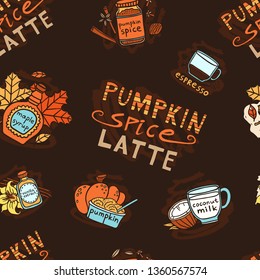Pumpkin spice latte seamless pattern with doodle objects.