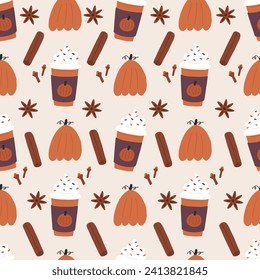 Pumpkin spice latte seamless pattern on beige background. Cute hand drawn pumpkin, cinnamon, clove and anise. To go mug of coffee with whipped cream. Warm autumn drink.