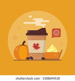 Pumpkin spice latte season. Autumn coffee and a piece of pumpkin pie. Flat vector illustration.