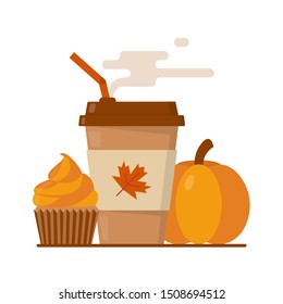 Pumpkin spice latte season. Coffee paper cup with steam and orange cupcake. Flat vector illustration.