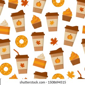 Pumpkin Spice Latte Season. Coffee Mugs And Sweets Isolated On White Background. Flat Vector Seamless Pattern.