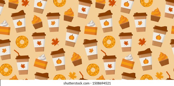 Pumpkin spice latte season. Coffee mugs, donuts, pumpkin pie slices and autumn leaves. Flat vector seamless pattern.