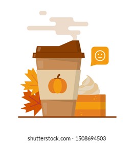 Pumpkin spice latte season. Mug of coffee to go, pumpkin pie and maple leaves. Flat vector illustration.