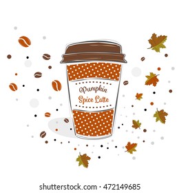 Pumpkin spice latte sign text over paper coffee cup with abstract coffee beans and leaves background vector illustration. Line design hand drawn coffee cup.