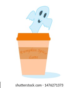 Pumpkin spice latte takeaway coffee cup and ghost, autumn beverage, halloween style vector illustration