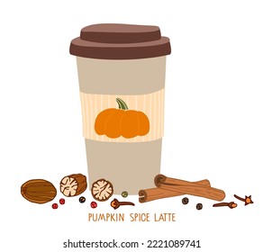Calabaza con leche en taza de despegue con tapa, especias para beber aisladas en fondo blanco. Beber de temporada. Ilustración de otoño con café para ir a la taza de menú, mercado de agricultores, receta vegetariana