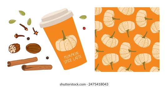 Pumpkin spice latte in takeaway cup with spice for drink and seamless pattern for packaging. Fall seasonal drink. Autumn Illustration with coffee to go mug for menu, farmer market, vegetarian recipe.