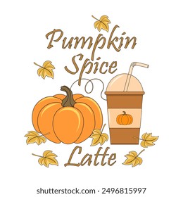 Pumpkin spice latte in a takeaway cup with a straw and ripe pumpkin, vector illustration with lettering, poster, banner, design elements.