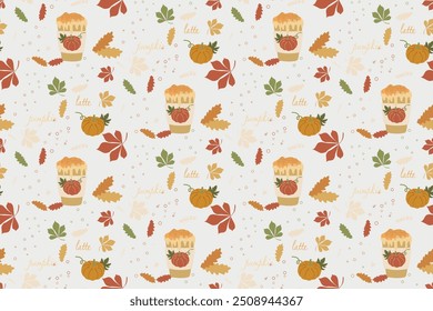 Pumpkin spice latte vector background, pumpkin Coffee and garden foliage, decorative seamless pattern. Autumn Seasonal Illustration with Botany elements and Warm Drink Isolated on White for template