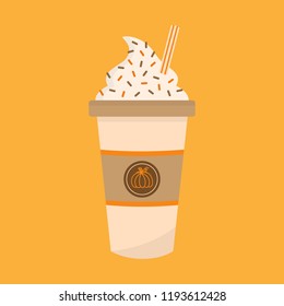 Pumpkin spice latte vector graphic illustration. Cute autumn, fall decorated paper cup of coffee with whipped cream, sprinkles and striped straw. Pumpkin spice coffee icon, isolated.