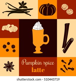 Pumpkin spice latte. Vector illustration with pumpkins, nutmeg, ginger, cloves, cinnamon, allspice, star anise, coffee cap, whipped cream on ginger background. Black silhouettes. For menu, tag, label